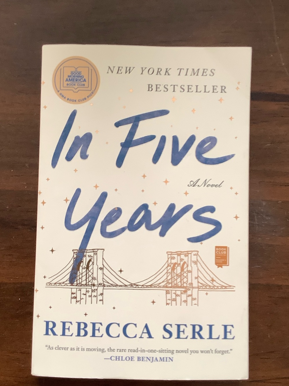 In Five Years by Rebecca Serle - White & Blue Paperback Novel